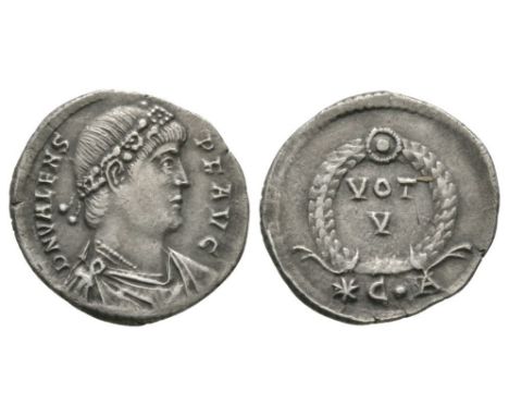 368-369 AD. Constantinople mint. Obv: DN VALENS P F AVG legend with pearl-diademed, draped and cuirassed bust right. Rev: VOT