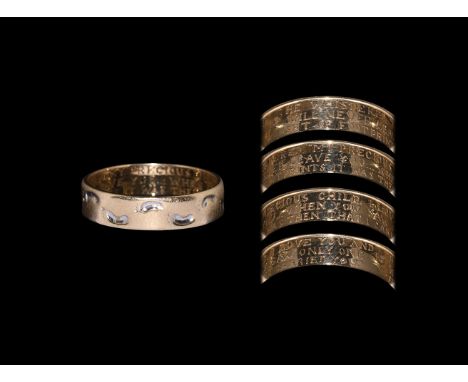 20th century AD. A gold flat section band ring engraved to the top surface with footprints inlaid with silver; to the inside 