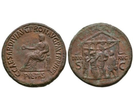 39-40 AD. Rome mint. Obv: C CAESAR DIVI AVG PRON AVG P M TR P III PP, Pietas seated left, holding patera, left elbow resting 