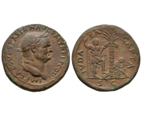71 AD. Obv: IMP CAES VESPASIAN AVG P M TR P P P COS III, laureate head right. Rev: IVDAEA CAPTA, S C in exergue, Vespasian st