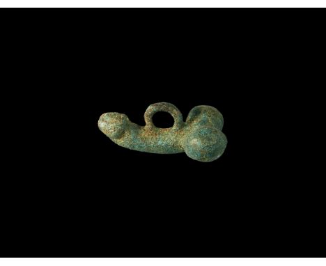 1st-2nd century AD. A bronze pendant in the form of a phallus with suspension ring to the top.  11 grams, 29mm (1 1/4"). Prop