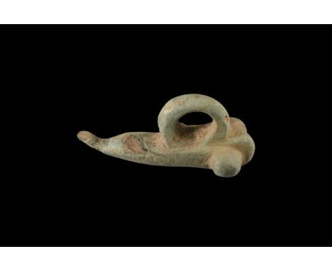 1st-2nd century AD. A bronze phallic pendant with suspension ring to the top.  11 grams, 34mm (1 1/4"). Property of a gentlem