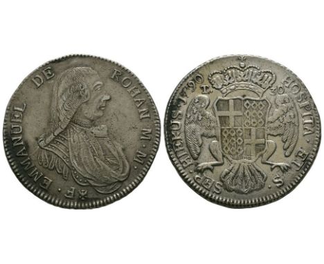 Dated 1790 AD. Obv: profile bust with 'spread eagle' mark below and F EMMANUEL DE ROHAN M M legend. Rev: crowned arms on eagl