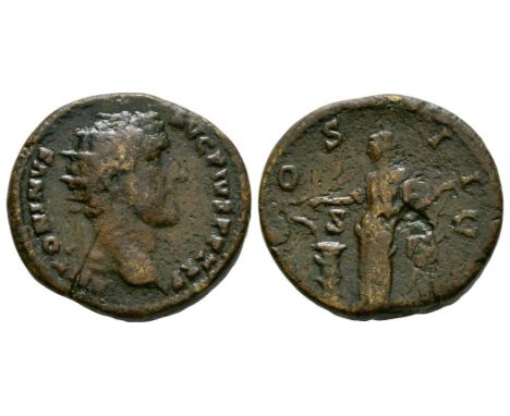 139 AD. Rome mint. Obv: ANTONINVS AVG PIVS PP TR P, radiate head right. Rev: COS II, S-C, Salus standing left by altar, holdi