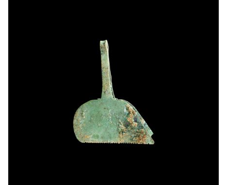 2nd-1st century AD. An unusual pair of bronze tweezers with very broad flat gripping surface, serrated edge; rectangular sect