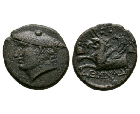 300-100 BC. Magistrate Athenades. Obv: head of Hermes left, wearing petatos. Rev: AQHNADHS legend beneath forepart of griffin