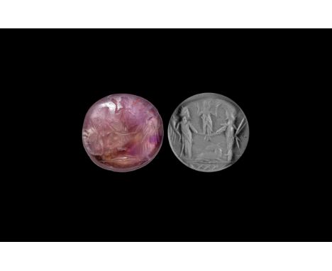 1st-3rd century AD. An amethyst oval intaglio engraved with the image of Fortuna (Tyche) standing and holding a cornucopia, h