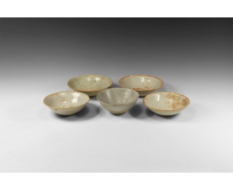 Song Dynasty, 960-1127 AD. A mixed group of glazed ceramic bowls each with basal ring.  767 grams total, 13-15cm (5 - 6"). Pr