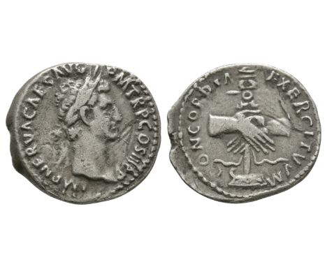 96-98 AD. Rome mint. Obv: IMP NERVA CAES AVG P M TR P COS II P P legend with laureate head right. Rev: CONCORDIA EXERCITVVM l