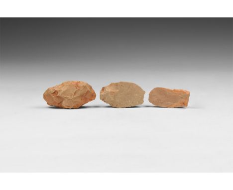 5th millennium BC. A group of three flint tools with knapped edges to each.  116 grams total, 54-82mm (2 - 3 1/4"). Property 