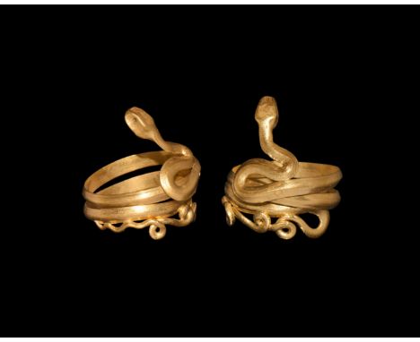 Romano-Egyptian, 30 BC-323 AD. A gold finger ring formed as a continuous D-section coiled shank with looped tail, S-curved ne