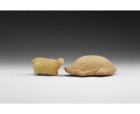 3rd-2nd millennium BC. A mixed group of ceramic animals, each a rattle.  291 grams total, 80-130mm (3 - 5"). From a German co