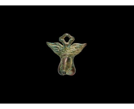 1st-2nd century AD. A bronze pendant in the form of a phallus with wings above; suspension ring to the top.  21 grams, 36mm (