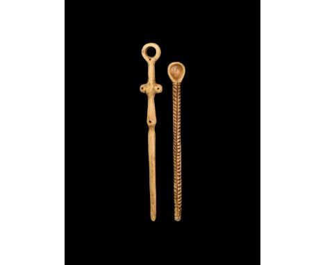 6th-9th century AD. A mixed group of bone implements comprising: a spoon with deep bowl, herringbone pattern to the handle; a