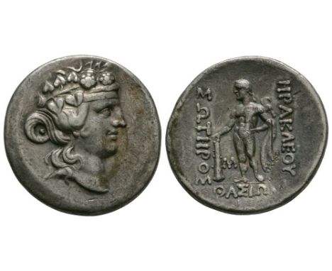 After 148 BC. Obv: head of young Dionysos right, wreathed with ivy. Rev: HRAKLEOYS SWTHROS QASIQN legend to left, right and b