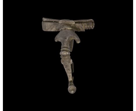 1st century AD. A silver bow brooch of kraftig profilierte type with anchor-shaped bow with globular finial, remains of pin c