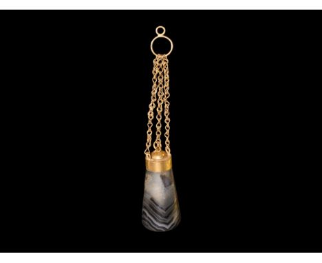 2nd-3rd century AD. A carved banded agate conical vessel with gold collar, suspension chain and applicator with domed lid.  1