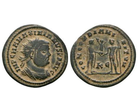 295-299 AD. Cyzicus mint. Obv: IMP C M A MAXIMIANVS PF AVG legend with radiate, cuirassed bust right. Rev: CONCORDIA MILITVM 