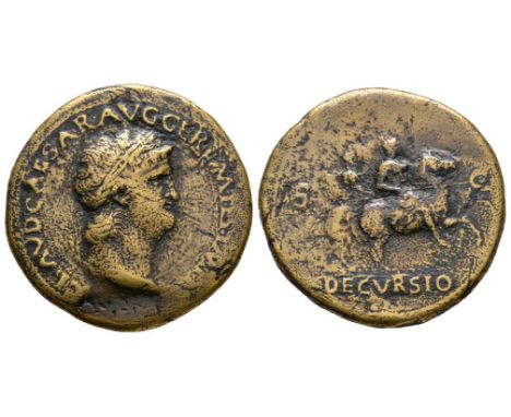 65 AD. Lyons mint. Obv: NERO CLAVD CAESAR AVG GER PM TR P IMP P, laureate head right, globe at point of bust. Rev: DECVRSIO b