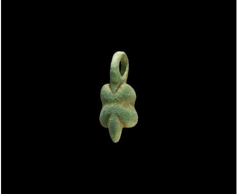 1st century AD. A bronze pendant in the form of a stylised phallus with suspension ring to the top.  17 grams, 41mm (1 1/2").