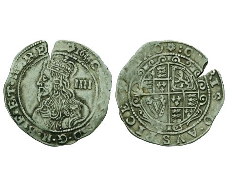 Dated 1644 AD. Obv: profile bust with IIII behind and date before CAROLVS D G M B F ET H REX legend with 'rose' mintmark. Rev