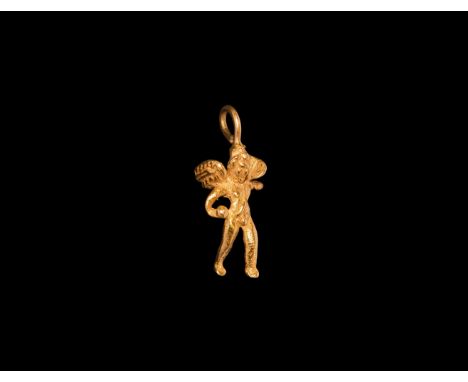 4th-1st century BC. A gold pendant in the form of Eros, naked apart from a sash falling over left shoulder; wings outspread a