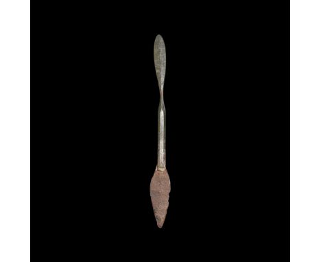 1st-2nd century AD. A bronze scalpel with bronze square section handle, iron blade with cutting edge to one side; leaf-shaped