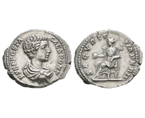 202 AD. Rome mint. Obv: P SEPT GETA CAES PONT, bare-headed, draped and cuirassed bust right. Rev: SECVRIT IMPERII, Securitas 