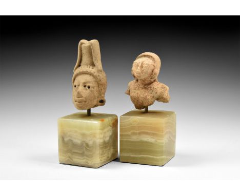 Mayan, Early Post Classic Period, 10th-13th century AD. A pair of ceramic figures consisting of: a youthful male with tall he