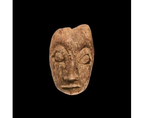 Pliocene Period, 5.2-2.5 million years BP. A Mastodon fossil bone, with later carving in the form of a grotesque human face. 
