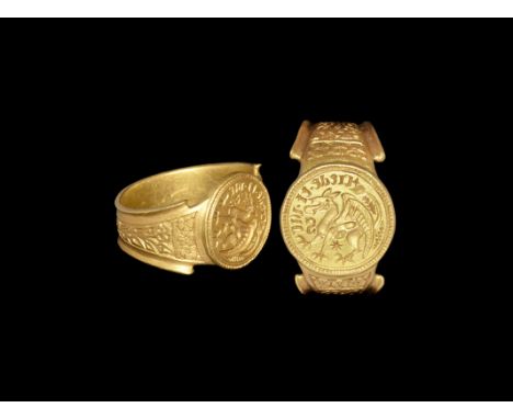 15th century AD. A substantial gold ring dating from the period of Henry VII and the Wars of the Roses, the tapered band with