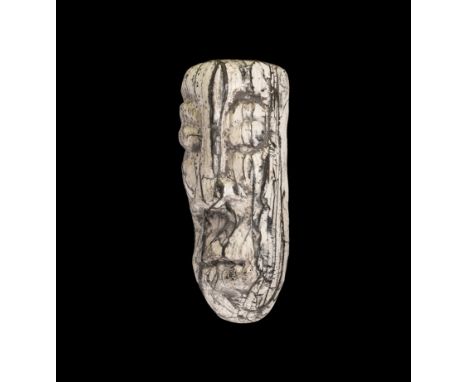 Pleistocene Period, 2.6 million-11,700 years BP. A woolly mammoth tusk with carved facial detailing including bulbous eyes an