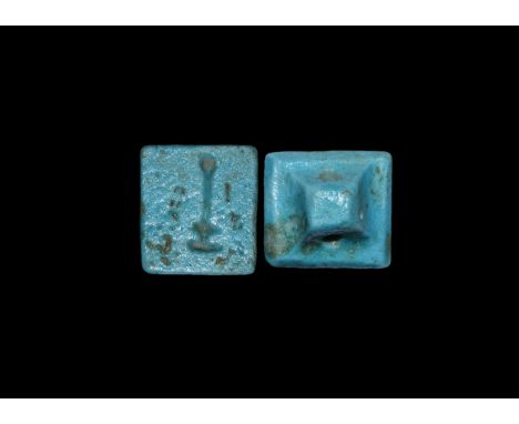 Late Period, 664-332 BC. A blue glazed composition pyramidal pendant stamp seal with hieroglyphic swt 'rush'. Cf. Andrews, C.