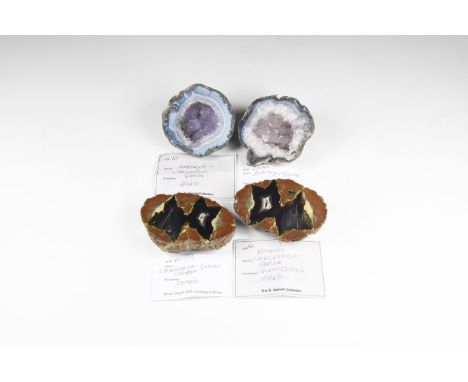 . A mixed group of cut and polished geodes comprising: a chalcedonic geode from Mexico; a banded chalcedonic from Minais Gera