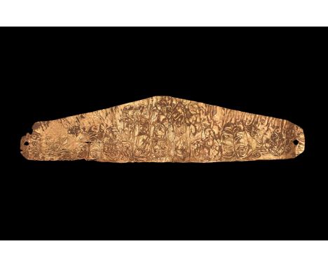 3rd century BC. A sheet gold diadem with one straight and one arched edge, repoussé acanthus-leaf motifs, pierced at each end
