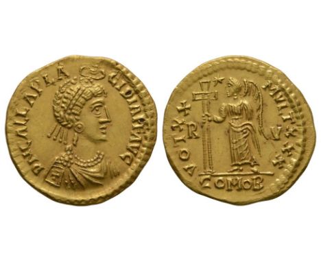 426-430 AD. Ravenna mint. Obv: DN GALLA PLA–CIDIA PF AVG legend with pearl-diademed and draped bust right, wearing double nec