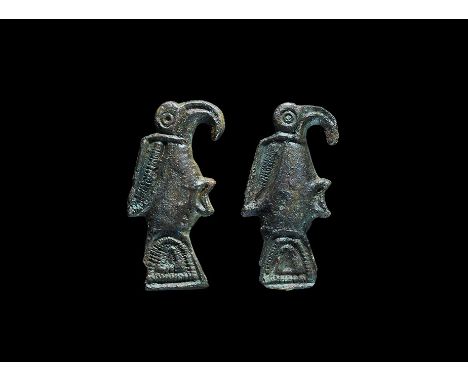 6th century AD. A pair of cast copper-alloy plate brooches in the form of stylised birds with lozengiform bodies, D-shaped ta