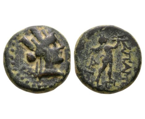 133-48 BC. Obv: turreted head of Artemis right, quiver over shoulder. Rev: APAME legend in right field with Marsyas walking r