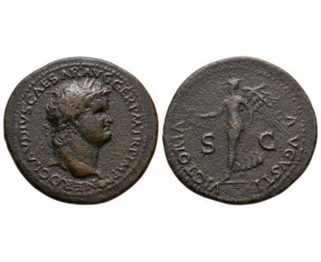 65 AD. Lyons mint. Obv: NERO CLAVDIVS CAESAR AVG GER PM TR P IMP P, laureate head right, globe at point of neck. Rev: VICTORI