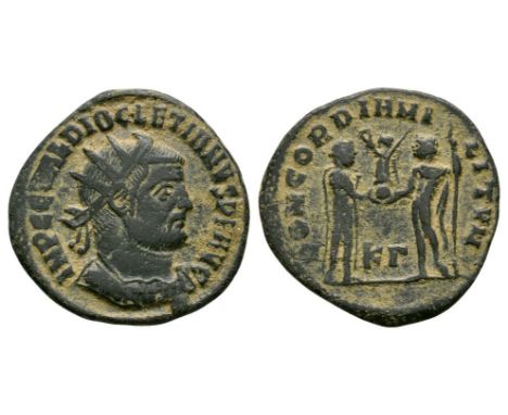 295-299 AD.. Cyzicus mint. Obv: IMP CC VAL DIOCLETIANVS PF AVG legend with radiate, cuirassed bust right. Rev: CONCORDIA MILI