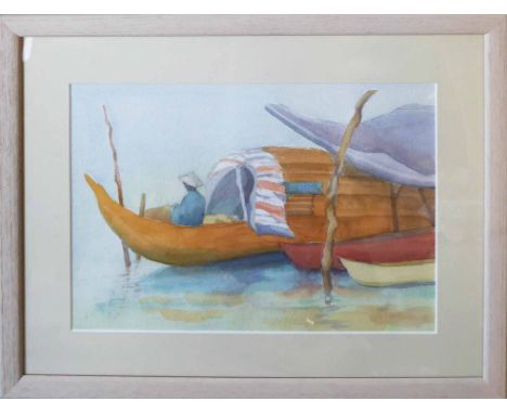 CHRISTOPHER RYDER 'Cambodian Scene' and 'Coracles-Vietnam', a pair of watercolours, signed, 25cm x 35cm each, framed and glaz