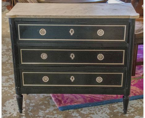 DIRECTOIRE COMMODE, 18th century French ebonised and silvered metal mounted with three long drawers and shaped marble top, 83