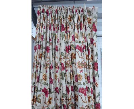 CURTAINS, two pairs, linen with embroidered flank design, lined and interlined, each curtain 113cm wide gathered x 230cm Drop