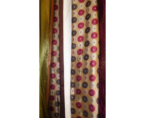 CURTAINS, a pair, in a geometric circled fabric lined, 174cm x 228cm drop. (2)
