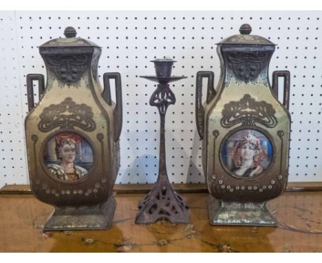 VINTAGE OBJECT COLLECTION, including a pair of John Buchanan &amp; Bros tins and art nouveau style candlestick, 32cm at talle