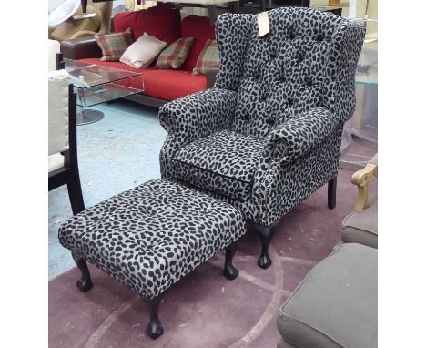 WINGBACK ARMCHAIR AND STOOL, buttoned back in leopard print finish, 110cm H. (2)