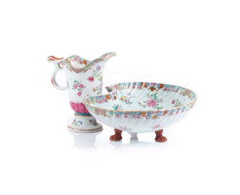 An inportant basin and ewerChinese export porcelainPolychrome and gilded decoration with Family Rose enamels depicting flower