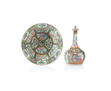 A large "Canton" bottle and basinChinese export porcelainPolychrome "Famille Rose" enamelled decoration of terraces with figu