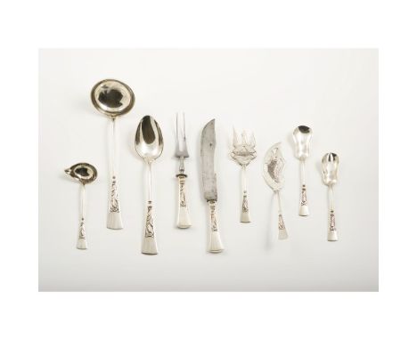 A set of nine serving utensilsComprising of soup ladle, serving spoon, meat carvers, fish servers, salad servers and sauce la