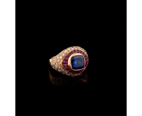 A ringGold 800/000Set with calibrated rubies, sapphire and 48 brilliant cut diamonds totalling approximately 0,50 ct.Lisbon h